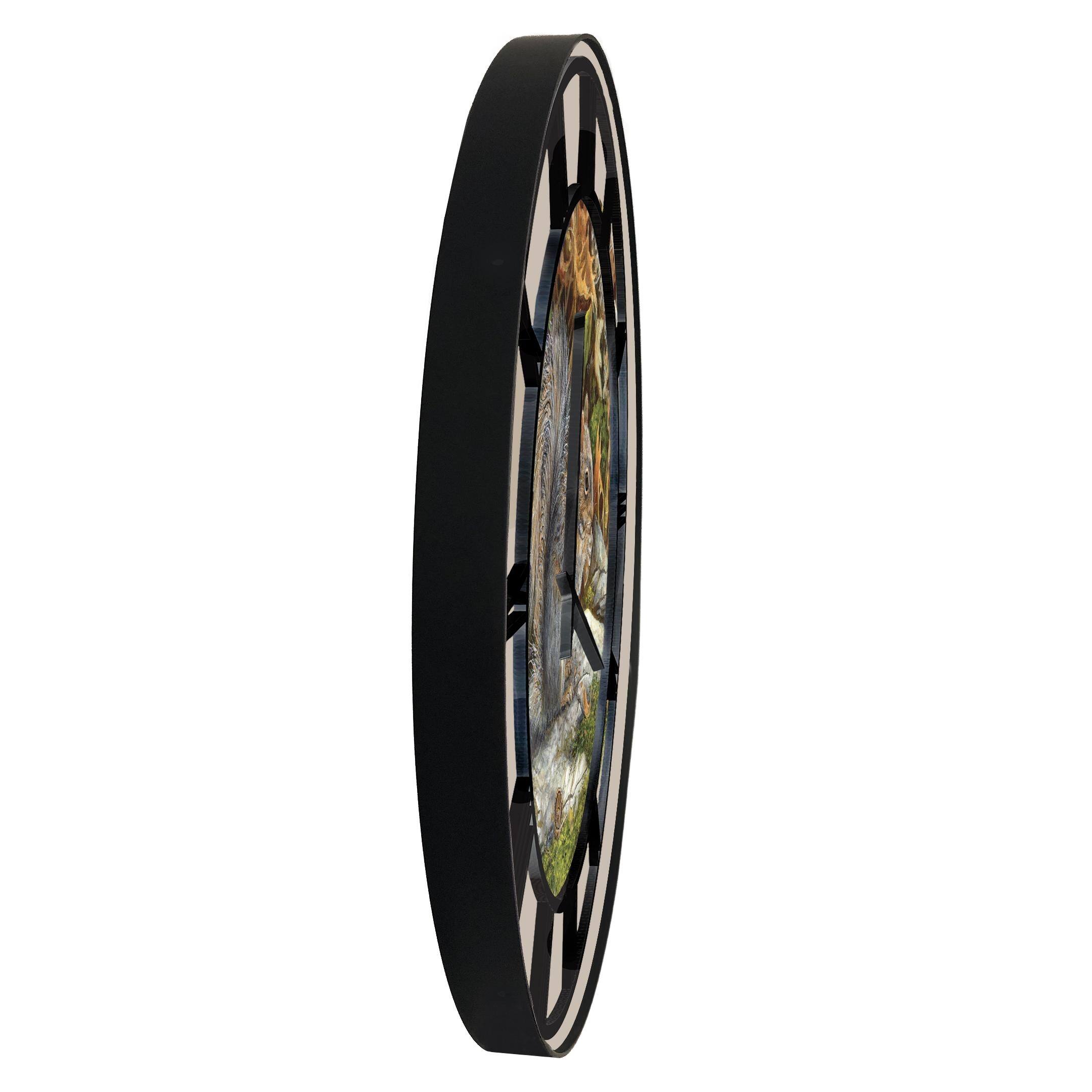 Wall Clock with Natural Woodgrain Accent Picnic Lunch Black Numbers